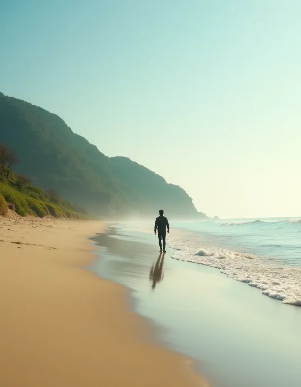 A peaceful beach with a figure walking on the shore.