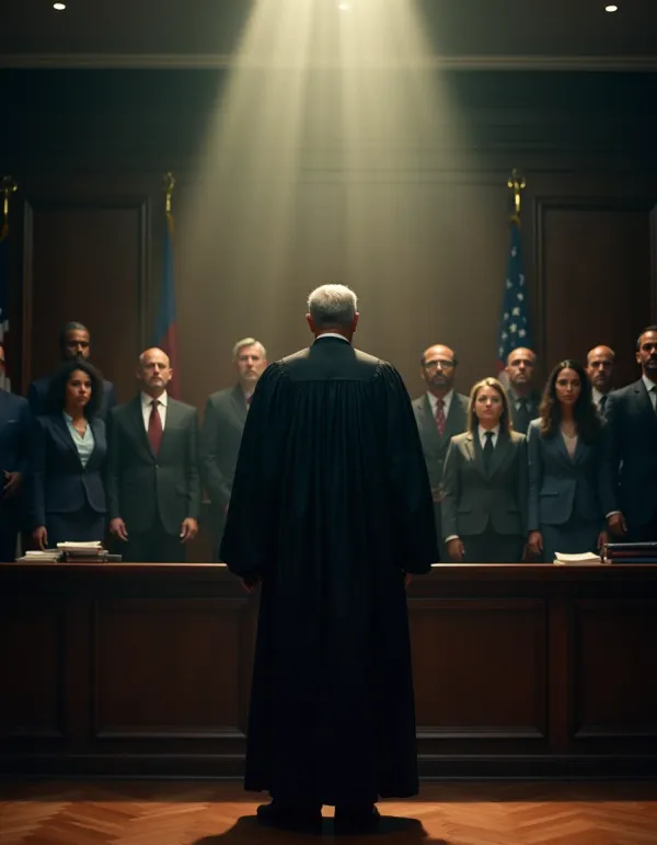 Dramatic courtroom scene depicting international criminals on trial.