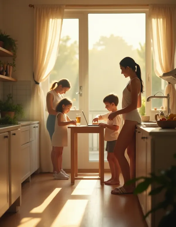 An engaging illustration of women balancing work, family, and personal time in a warm and inviting home setting.