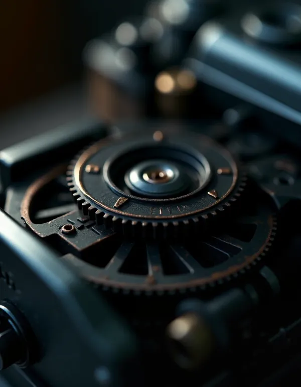 Detailed view of film camera sprockets and gears.