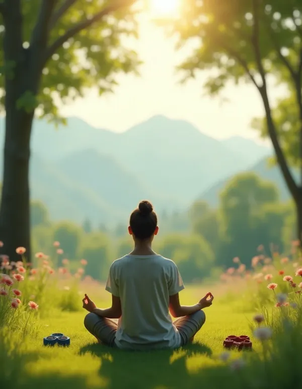 A person meditating in a serene outdoor environment, surrounded by nature.