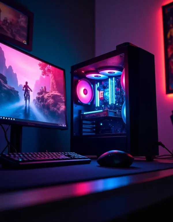 A stunning digital artwork of a gaming PC setup.