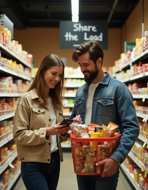 A couple discussing their grocery list, illustrating the balance of responsibilities.