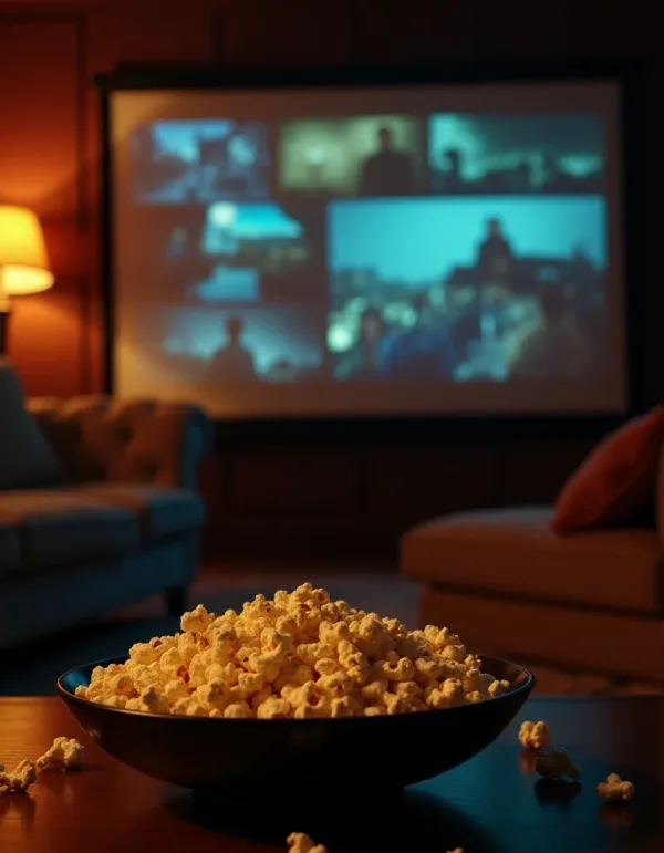 A cozy living room with movie scenes, popcorn, and iconic movie posters.