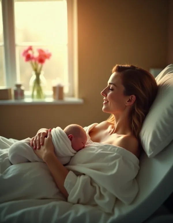 A serene hospital room with a new mother and her baby