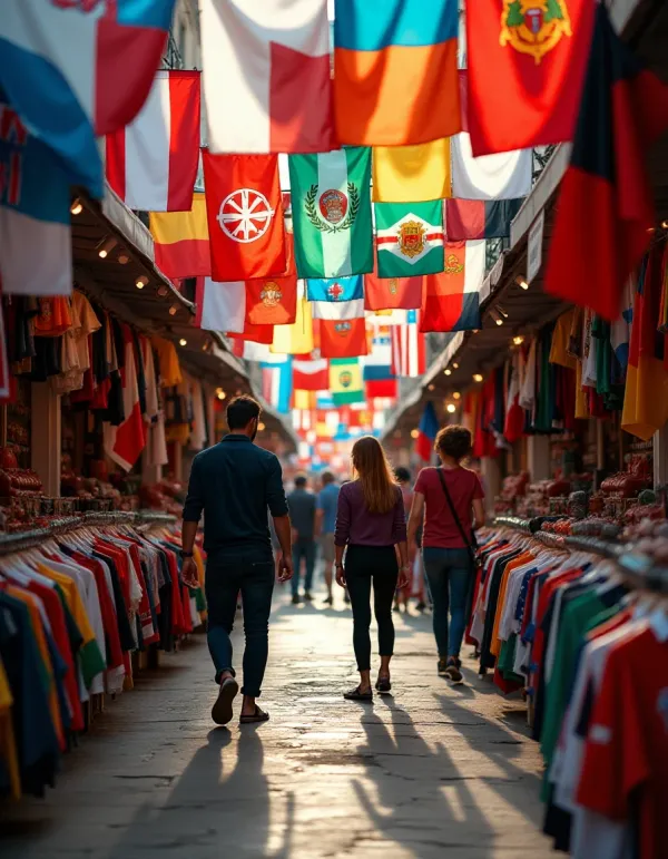 A vibrant scene of patriotic clothing and souvenirs from around the world.