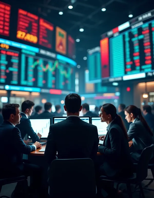 The dynamic environment of a stock market trading floor illustrating the excitement of buying and selling stocks.