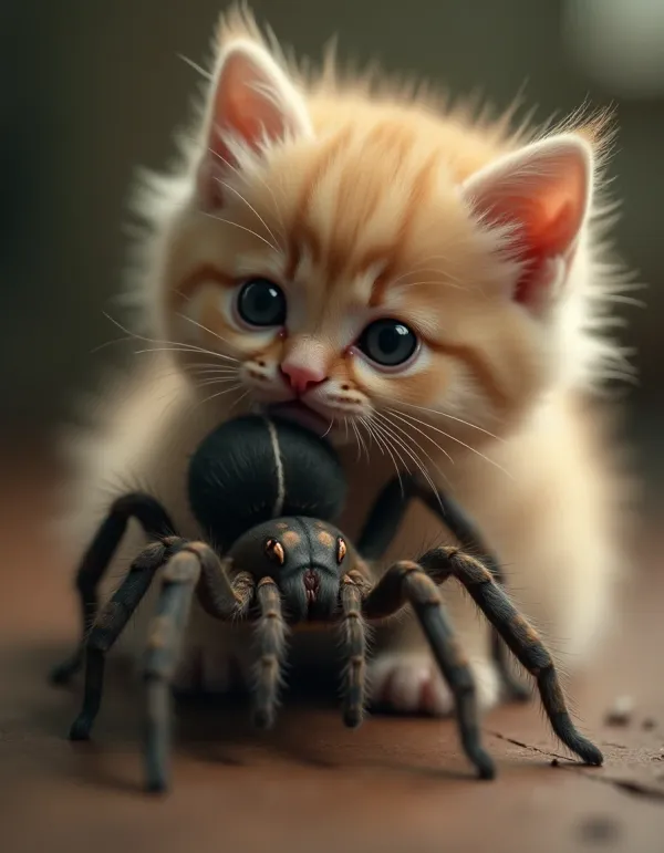 Contrasting portrayals of a cute kitten and a creepy spider.