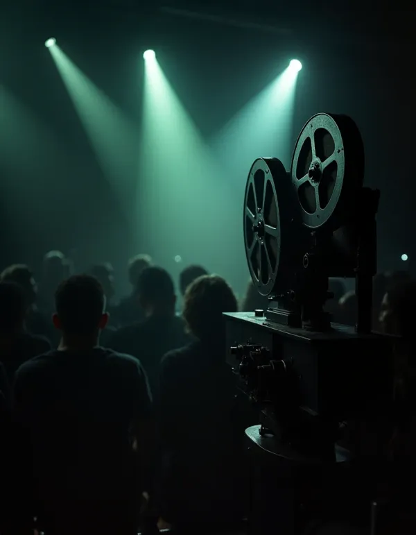 Vintage film projector casting dramatic light in a theater.