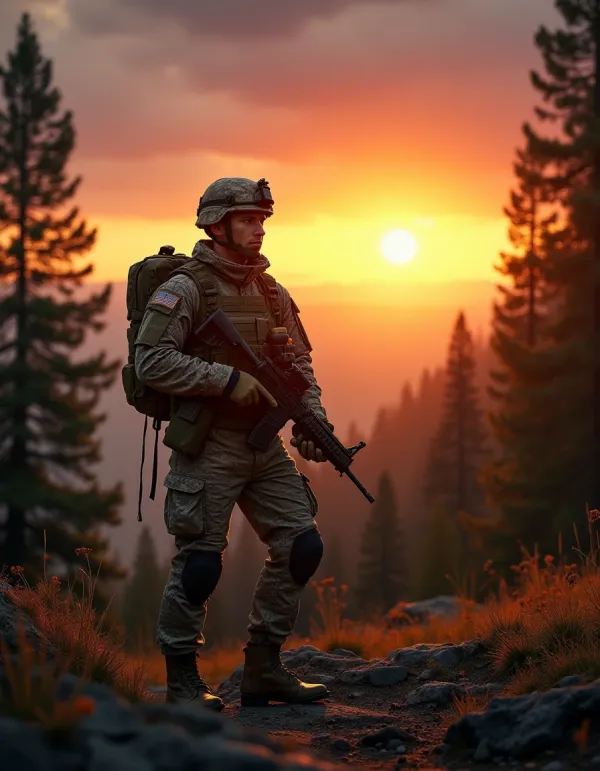 Soldier in uniform amidst nature, symbolizing duty and adventure.