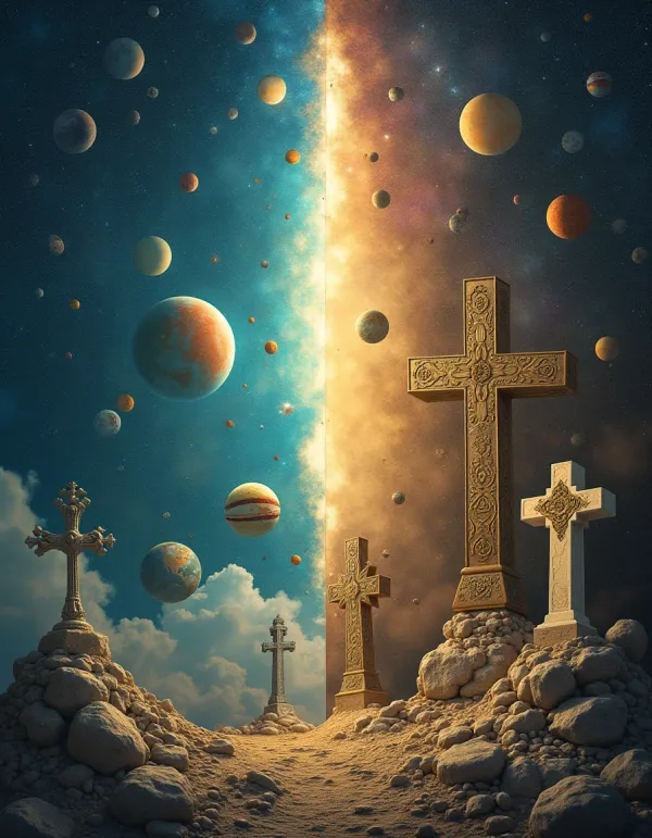 A surreal contrast of astrology and religion in a whimsical style.