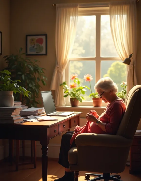 A caregiver balancing work duties and caring for an elderly family member.