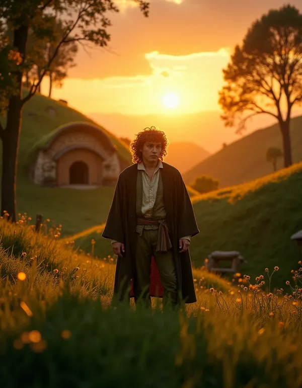 Bilbo Baggins standing strong in Hobbiton, embodying resilience.