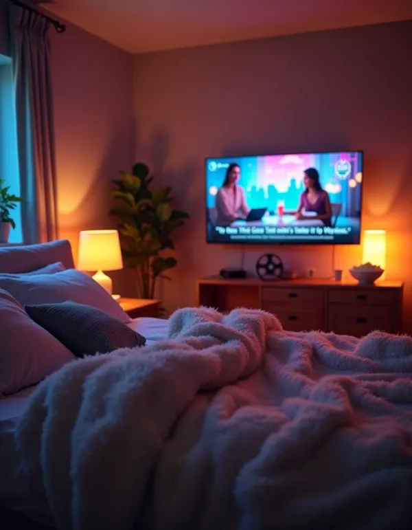 A cozy bedroom setting for binge-watching shows.