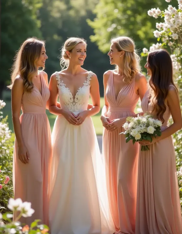 Group of bridesmaids discussing dress styles in a lush garden.