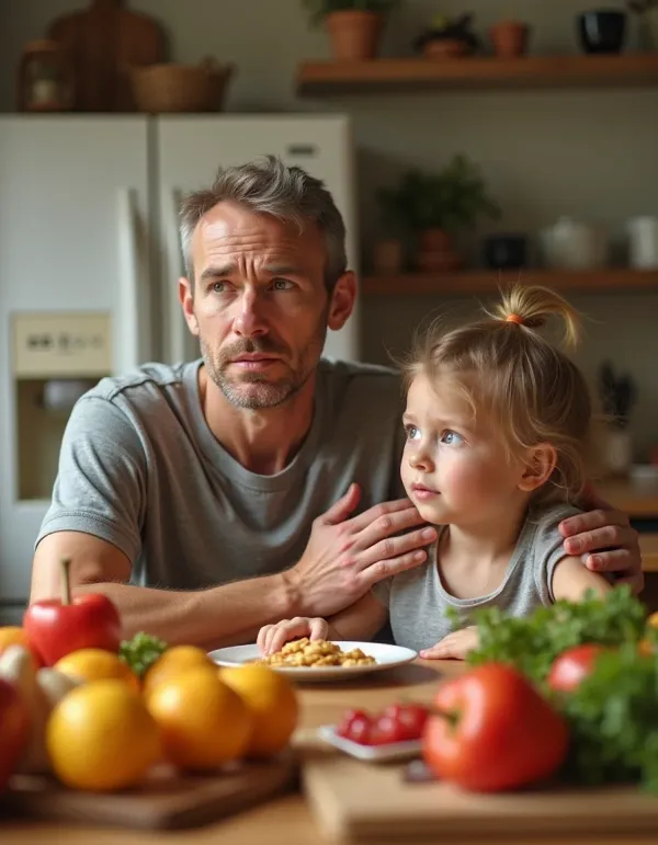 A parent comforts a child about gluten intolerance.