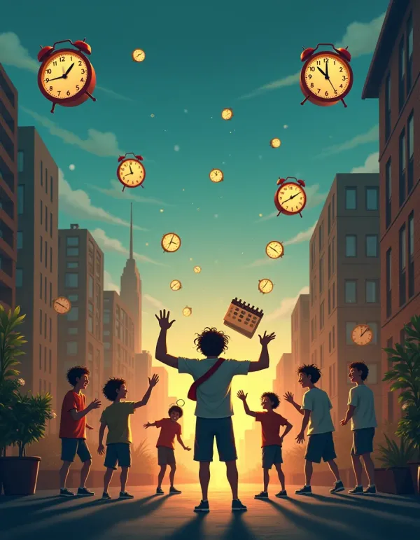 A whimsical scene of friends dealing with tardiness.