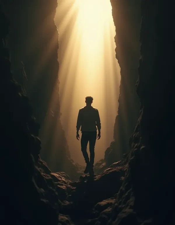 A person emerging from darkness into light, symbolizing resilience.