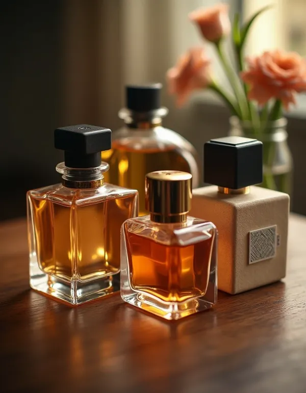 Elegant flat lay of cologne bottles emphasizing sophistication.