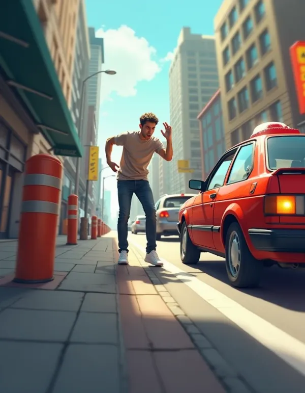 Urban scene of a driver yelling at a pedestrian.