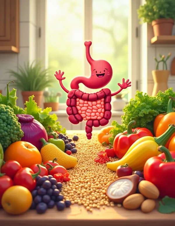 Illustration highlighting fiber-rich foods and a happy gut.