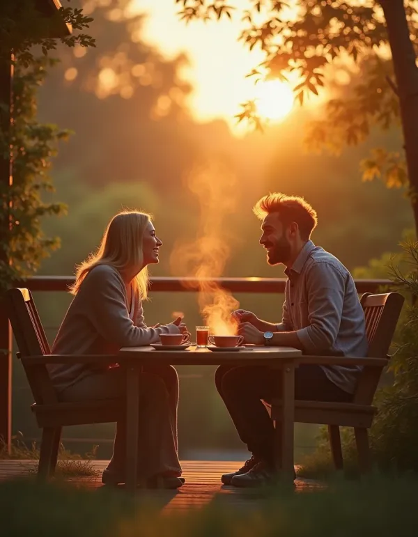 Couple enjoying a blissful moment on a deck, bathed in golden hour light.