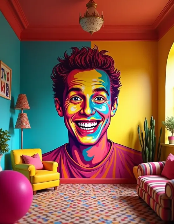 A giant portrait of a smiling face in vibrant pop art style.