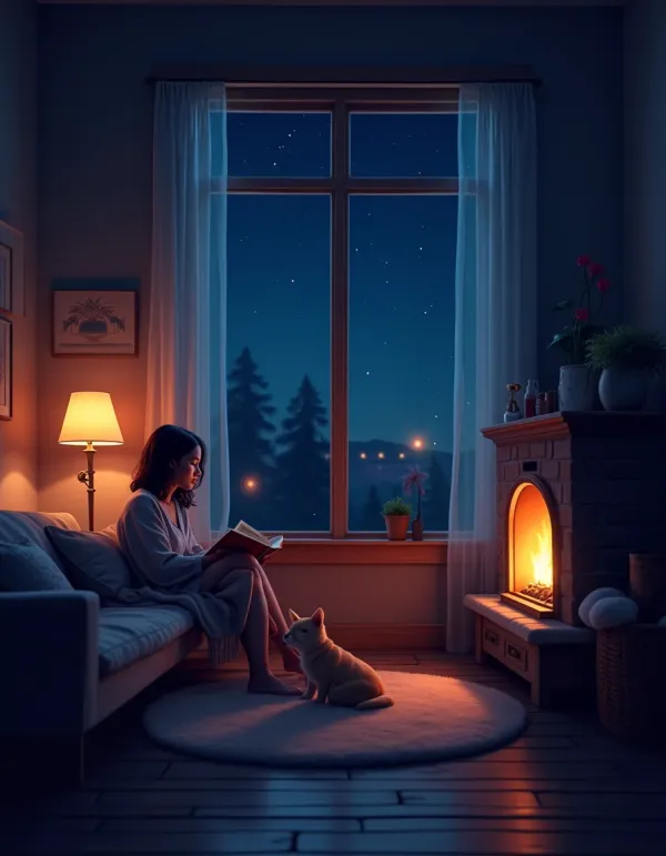 A peaceful depiction of solitude with cozy elements.