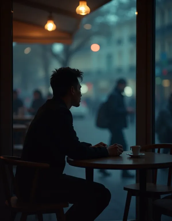 A reflective man in a café, pondering his connections.