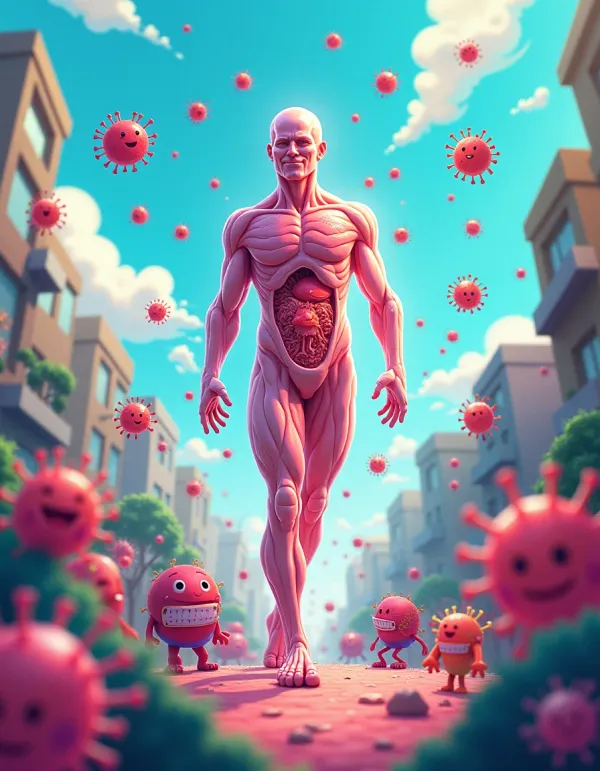 Illustration of friendly bacteria in a human body city.