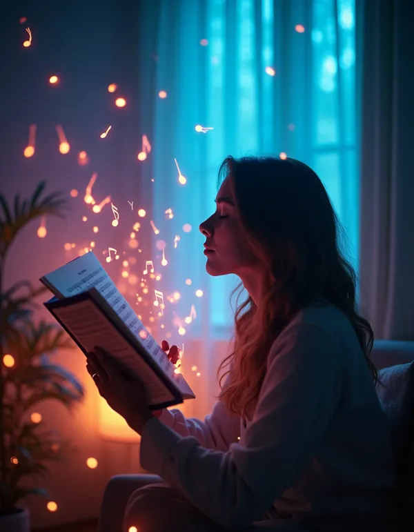 Musician visualizing music through colorful sheet notes.