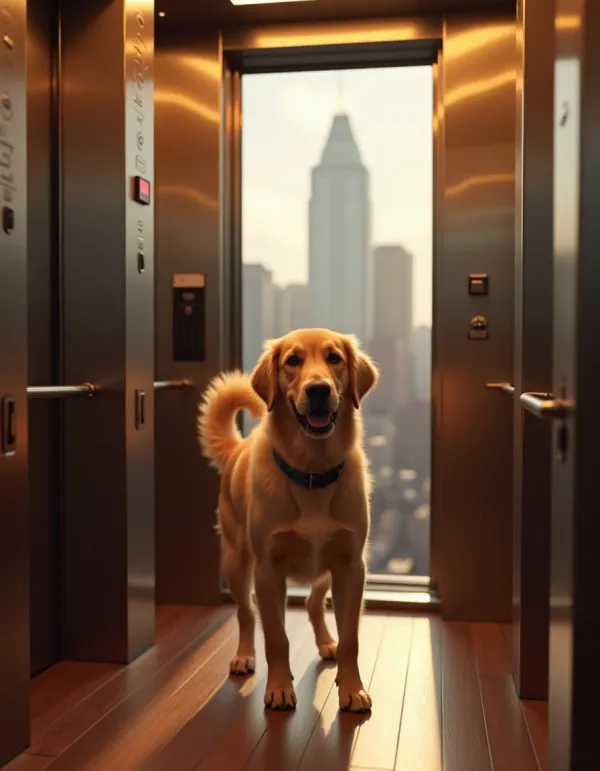 A friendly dog in a residential elevator, embodying community and understanding.