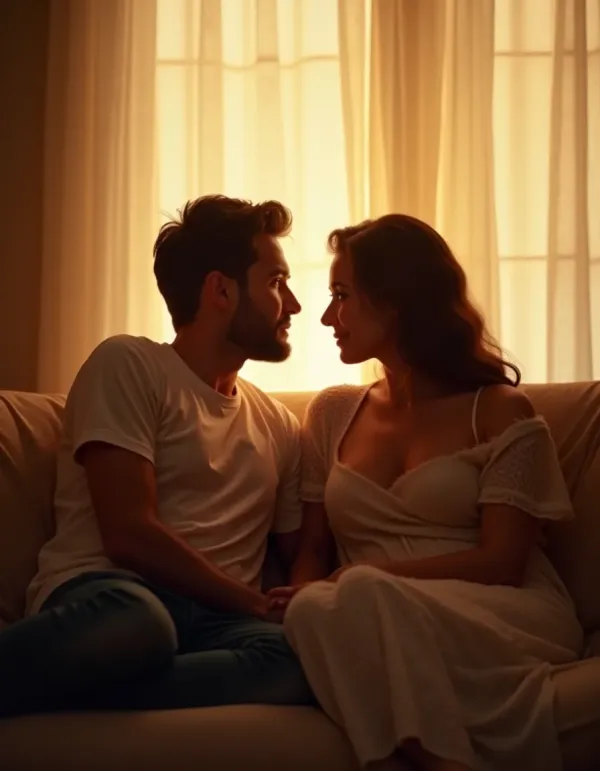 A couple exploring intimacy challenges in a warm, inviting setting.