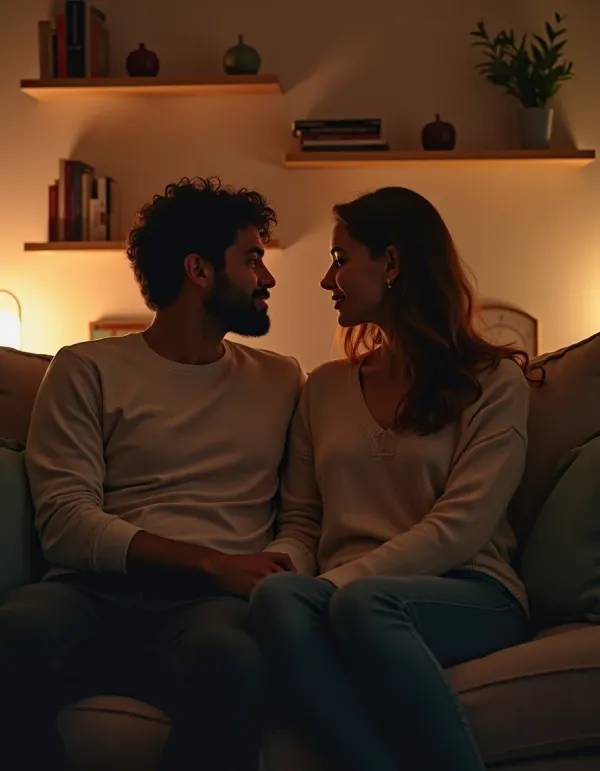 A cozy scene of a couple discussing intimacy.