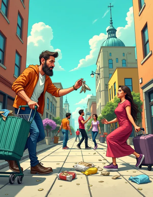 A humorous take on strange human behaviors in a vibrant urban setting.