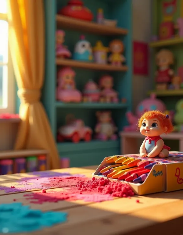 Nostalgic vibes with crayons, Play-Doh, and childhood memories.