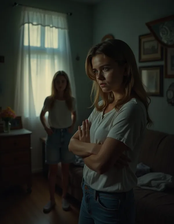 A tense moment between sisters showcasing family drama.