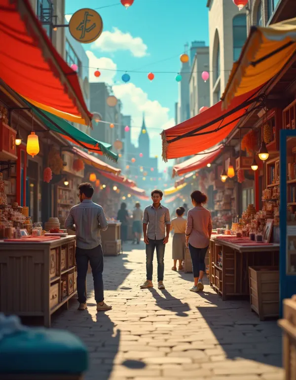 Marketplace scene of creative money-making activities.