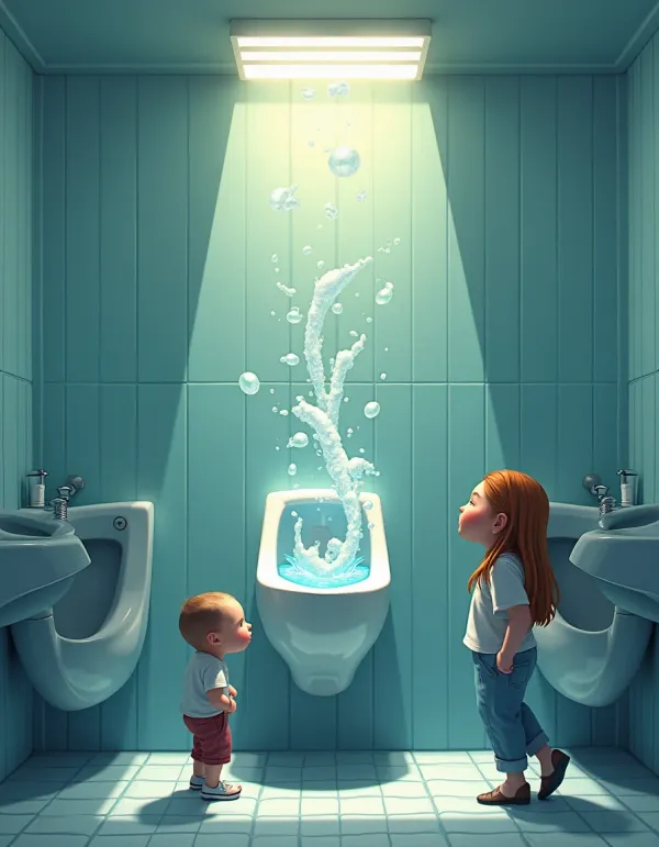 An engaging illustration of urinal misting with humor.