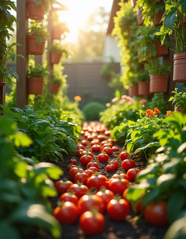 Community garden filled with fresh vegetables and vibrant colors.