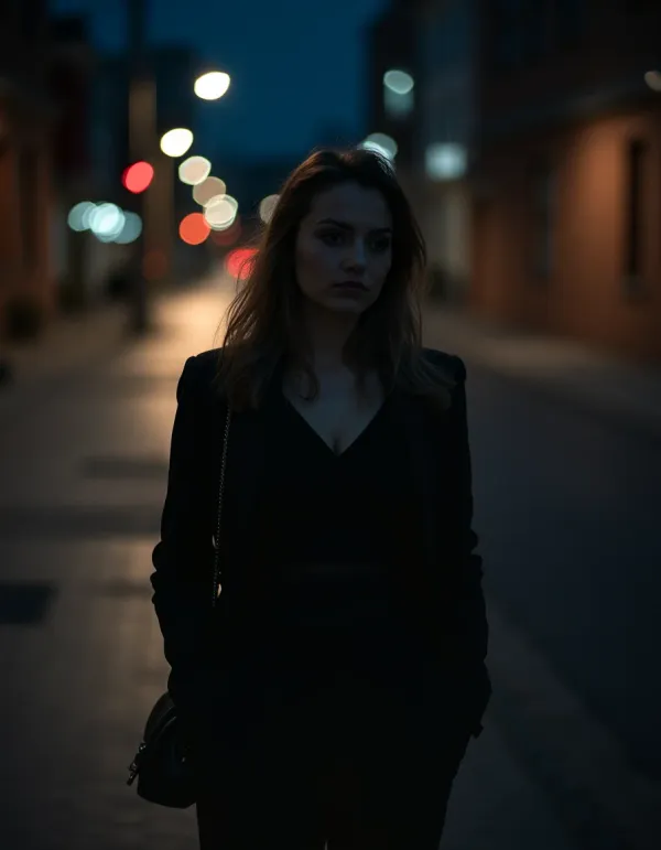 A woman contemplating her toxic relationship on a city sidewalk.