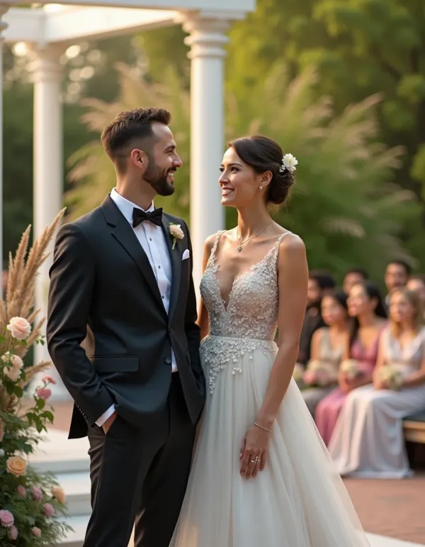 Guest in a suit beside bride in dress at a wedding.
