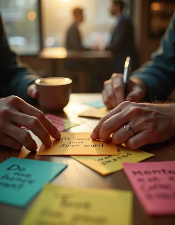 Hands meet over a table of sticky notes with blunt mentor quotes, cinematic warm light.