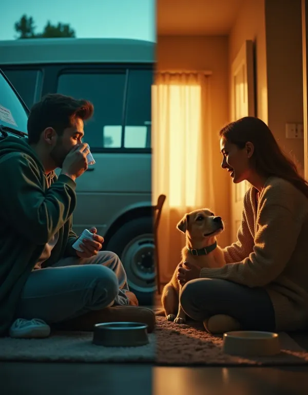 Split-scene of partners discussing a new dog; one has allergies, both show empathy.