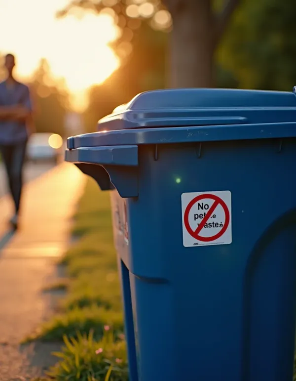Blue recycling bin labeled 'No pet waste' on a suburban curb.