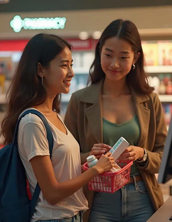 Person discreetly buying condoms at self-checkout with a supportive partner nearby.