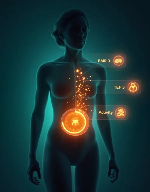 Cinematic infographic of a body using fat stores in a calorie deficit.