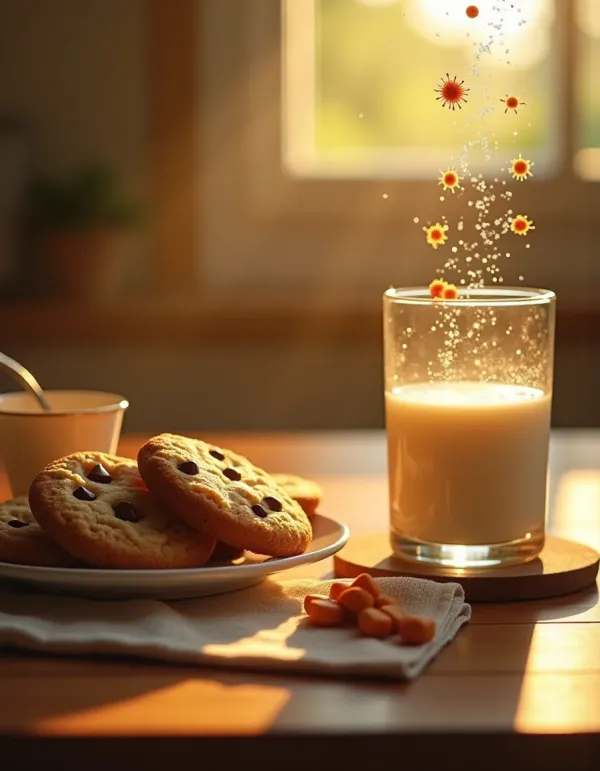 Cinematic still life of dry cookies and candies vs spoiling milk with osmotic infographic overlay.