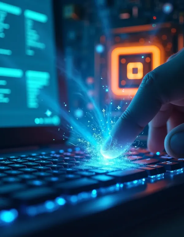 A glowing Ctrl+Alt+Del beam pierces a frozen desktop and reaches a bright CPU core