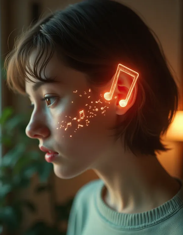 Cinematic image of a looping musical earworm spiraling from the ear into the brain.